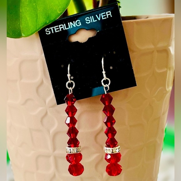 Handcrafted S925 Sterling Silver Stamped Red Glass Bead Dangle Earrings - Picture 2 of 9